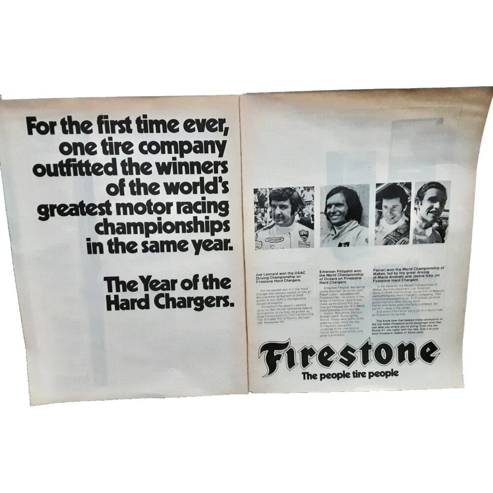1972 Firestone Racing Fittipaldi Andretti Ickx Leonard Original Print Ad 70s